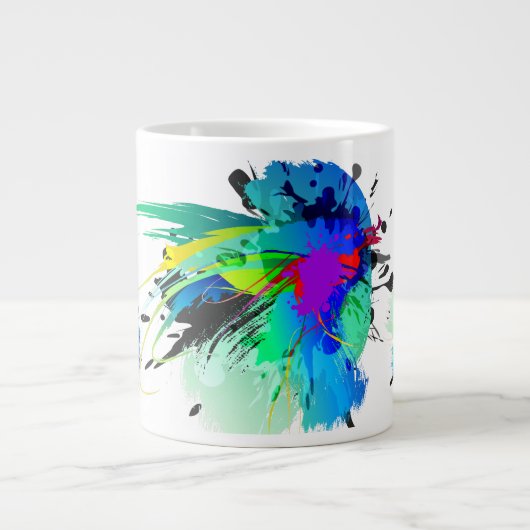 抽象芸術孔雀絵を描（ばちゃばちゃ）跳ねる ジャンボコーヒーマグカップ (正面)