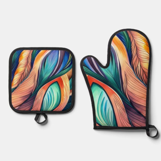 抽象芸術孔雀 鍋つかみ&鍋敷きセット (正面)