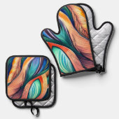 抽象芸術孔雀 鍋つかみ&鍋敷きセット (正面/裏面)