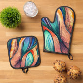 抽象芸術孔雀 鍋つかみ&鍋敷きセット (トップダウン)