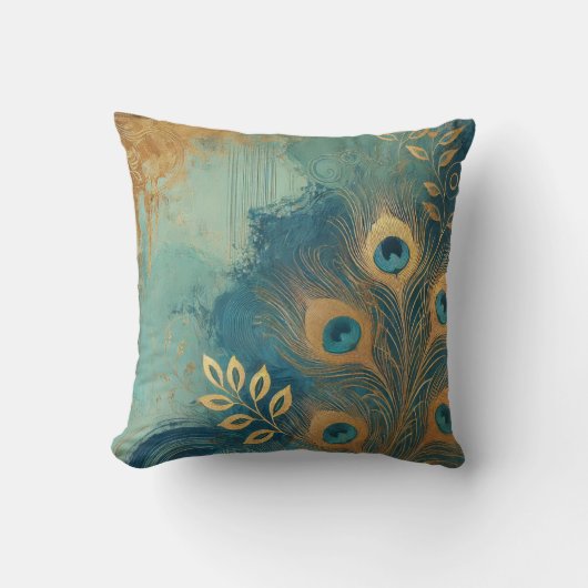 抽象芸術孔雀 – 黄金の葉のアートワークスタイル17 クッション (正面)