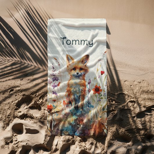 抽象芸術少年のキツネワイルドフラワー ビーチタオル