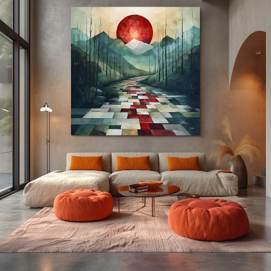 抽象芸術山道（赤い太陽と幾何学的） キャンバスプリント