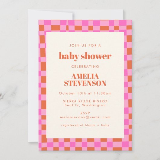 抽象芸術市松模様にアートピンクオレンジ赤ちゃんシャワー 招待状 (正面)