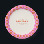 抽象芸術市松模様にピックオレンジカスタム21歳の誕生日 ペーパープレート<br><div class="desc">抽象芸術市松模様にアートピンクオレンジカスタムブライダルシャワー紙プレート</div>