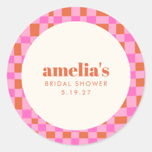 抽象芸術市松模様にピンクオレンジカスタムブライダルシャワー ラウンドシール