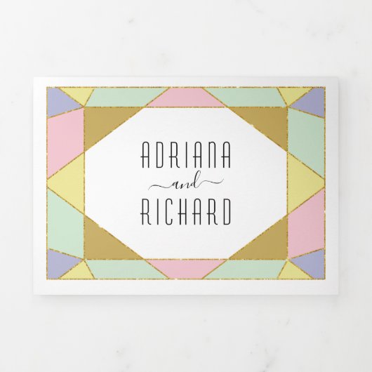 抽象芸術幾何モダン結婚ダイヤモンド 三つ折り招待状 (カバー)