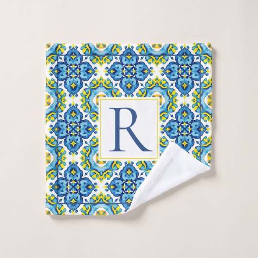 抽象芸術幾何地中海のタイル模様 バスタオルセット (ウォッシュタオル)