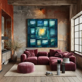 抽象芸術幾何学模様 – 青と金ゴールド ポスター