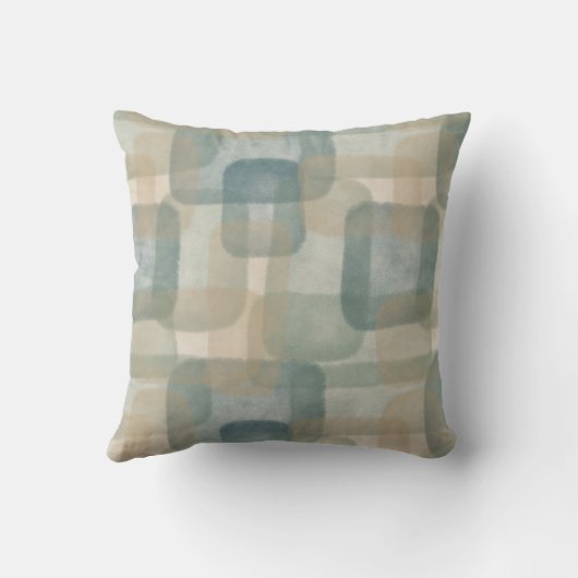 抽象芸術幾何学水彩、ティール(緑がかった色)、オリーブ、ベージュ クッション (裏面)
