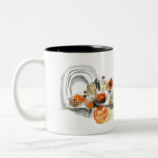 抽象芸術幾何学的な鮮やかなピンクの赤の黒 ツートーンマグカップ (左)