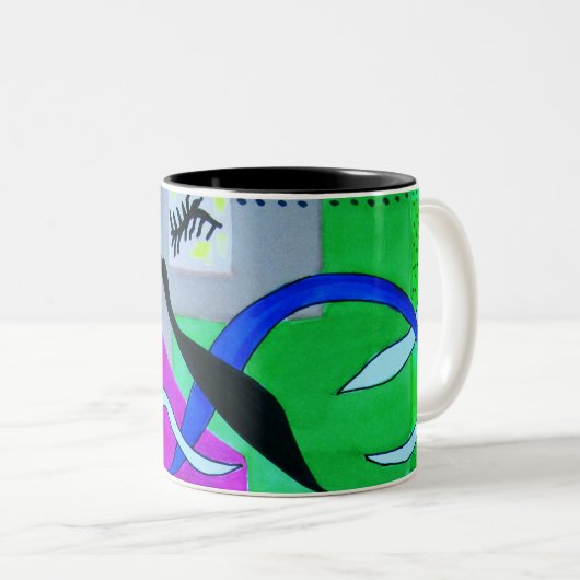 抽象芸術幾何学的な鮮やかな青いピンク色 ツートーンマグカップ (正面右)