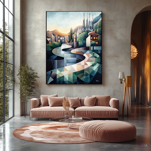 抽象芸術幾何学的バルセロナスカイライン キャンバスプリント