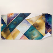 抽象芸術幾何学的パープルピンクブルー金ゴールド ビーチタオル (正面)