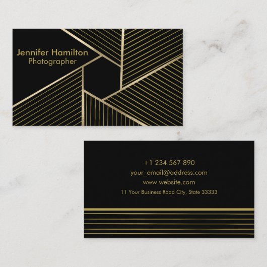 抽象芸術幾何学的ブラックゴールドフォイルフォトグラファー 名刺 (正面/裏面)