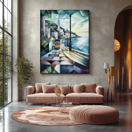 抽象芸術幾何学的リスボンスカイライン付きトラム キャンバスプリント