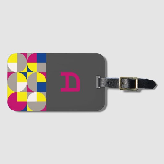 抽象芸術幾何学的明るい赤紫色ブルーイエローグレー名 ラゲッジタグ (正面横)