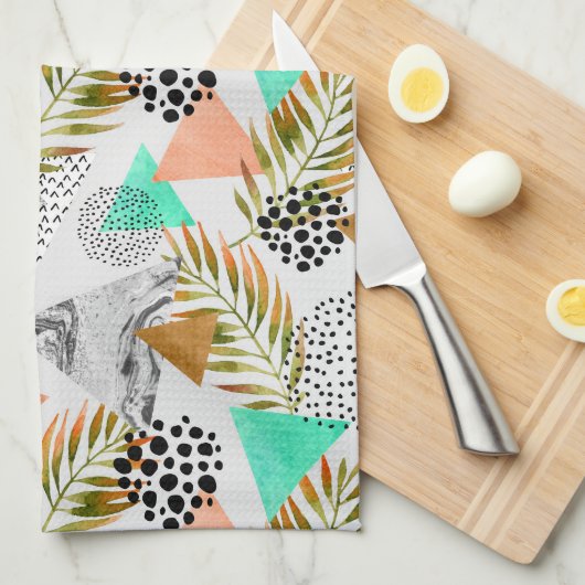 抽象芸術幾何学的熱帯葉模様 キッチンタオル (四つ折り)