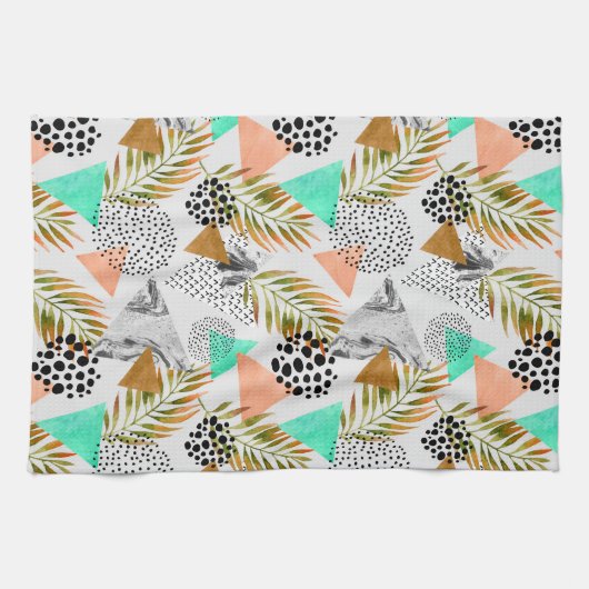 抽象芸術幾何学的熱帯葉模様 キッチンタオル (横)