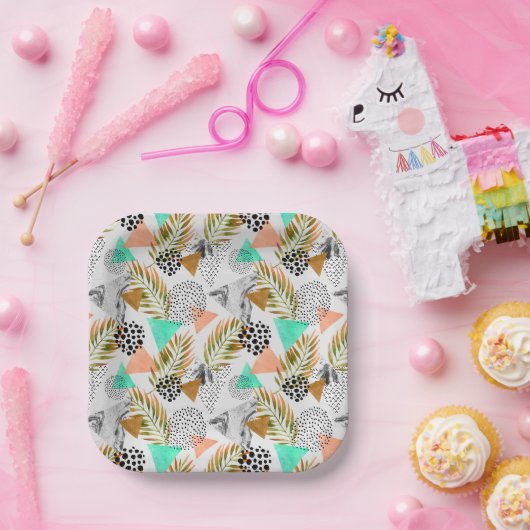 抽象芸術幾何学的熱帯葉模様 ペーパープレート (パーティー)