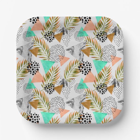 抽象芸術幾何学的熱帯葉模様 ペーパープレート (正面)