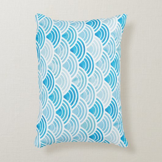 抽象芸術幾何学的継ぎ目のない青い水かき模様 アクセントクッション (正面(垂直))