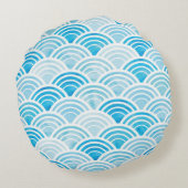 抽象芸術幾何学的継ぎ目のない青い水かき模様 ラウンドクッション (裏面)