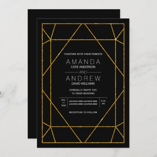 抽象芸術幾何学的金ゴールドグリッタージュエル結婚ズ 招待状 (正面/裏面)