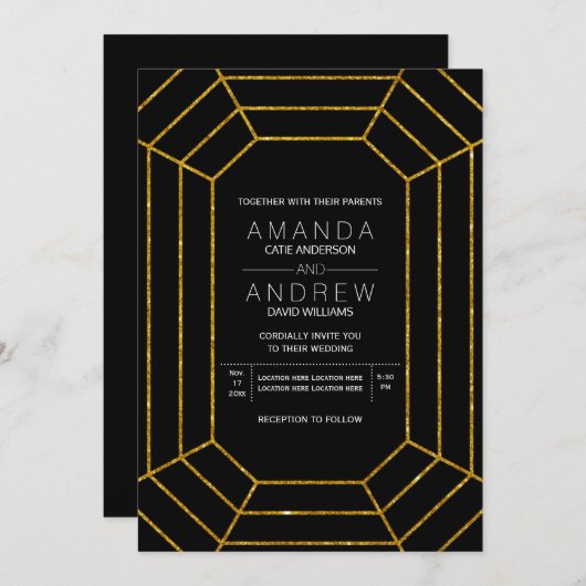 抽象芸術幾何学的金ゴールドグリッター結婚ダイヤモンド 招待状 (正面/裏面)