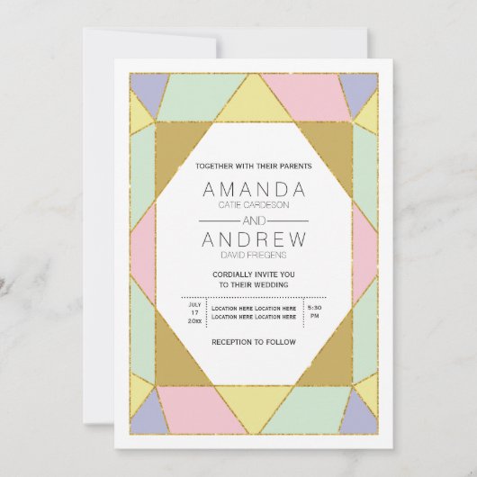 抽象芸術幾何宝石ピンクミッモダント結婚ミント 招待状 (正面)