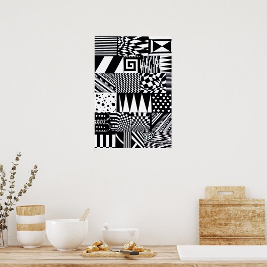 抽象芸術幾何形状白黒パターンハンド ポスター (キッチン)