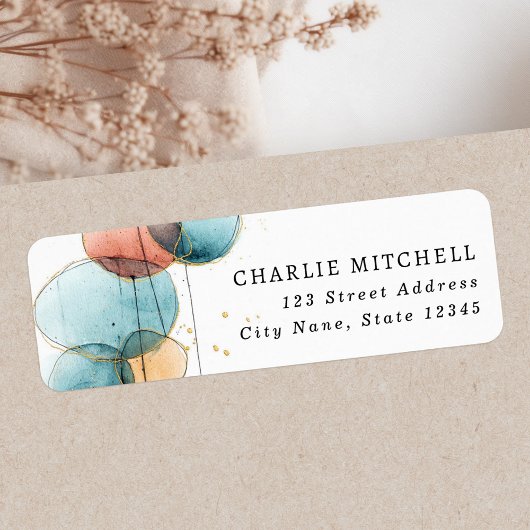 抽象芸術形ブルーピンクテラコッタ差出人住所 ラベル