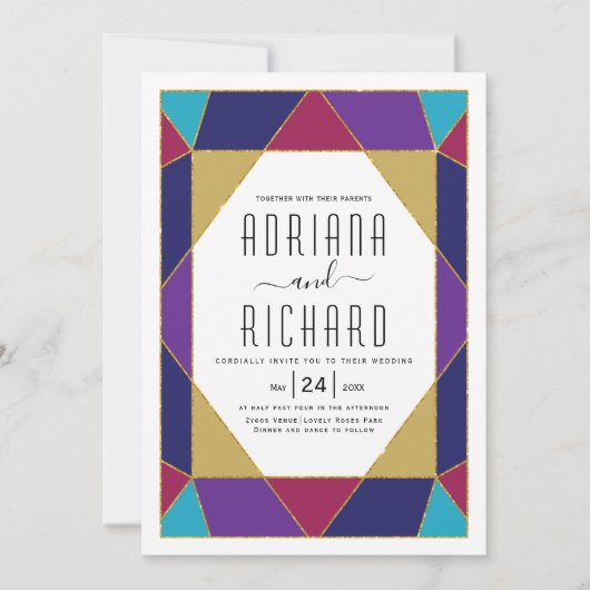 抽象芸術数々の幾何宝石結婚色 招待状 (正面)