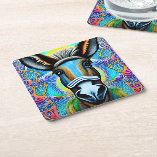 抽象芸術数々の色の小さなロバ スクエアペーパーコースター (アングル)
