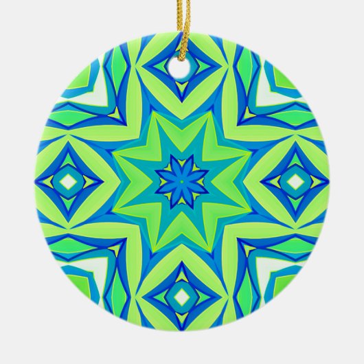 抽象芸術星幾何学模様 – ライムグリーンとブルー セラミックオーナメント (正面)