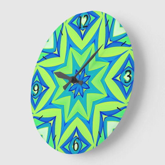 抽象芸術星幾何学模様 – ライムグリーンとブルー ラージ壁時計 (傾斜)