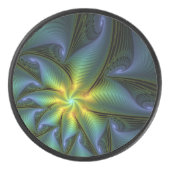 抽象芸術星、光沢のある青の緑の黄金のフラクタル・アート アイスホッケーパック (正面)