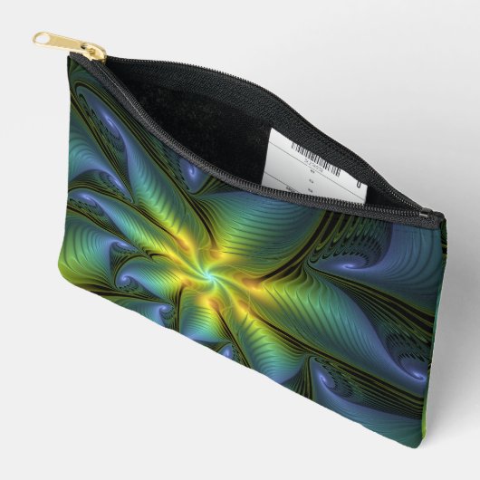 抽象芸術星、光沢のある青の緑の黄金のフラクタル・アート アクセサリーポーチ (見開き)