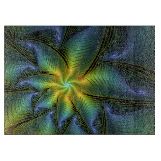 抽象芸術星、光沢のある青の緑の黄金のフラクタル・アート カッティングボード (正面)