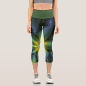 抽象芸術星、光沢のある青の緑の黄金のフラクタル・アート カプリレギンス (正面)