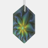 抽象芸術星、光沢のある青の緑の黄金のフラクタル・アート ガラスオーナメント (正面右)