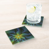 抽象芸術星、光沢のある青の緑の黄金のフラクタル・アート ガラスコースター (アングル)
