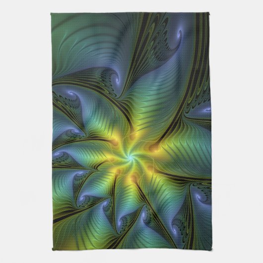 抽象芸術星、光沢のある青の緑の黄金のフラクタル・アート キッチンタオル (縦)
