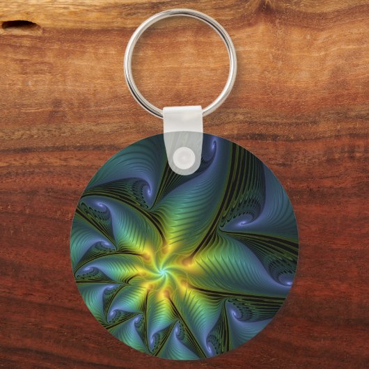 抽象芸術星、光沢のある青の緑の黄金のフラクタル・アート キーホルダー (正面)