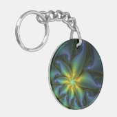 抽象芸術星、光沢のある青の緑の黄金のフラクタル・アート キーホルダー (正面左)