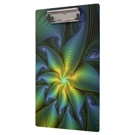抽象芸術星、光沢のある青の緑の黄金のフラクタル・アート クリップボード (左)