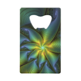 抽象芸術星、光沢のある青の緑の黄金のフラクタル・アート クレジットカード栓抜き