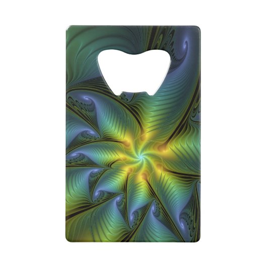 抽象芸術星、光沢のある青の緑の黄金のフラクタル・アート クレジットカード栓抜き (正面)