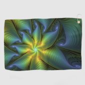 抽象芸術星、光沢のある青の緑の黄金のフラクタル・アート ゴルフタオル (横)