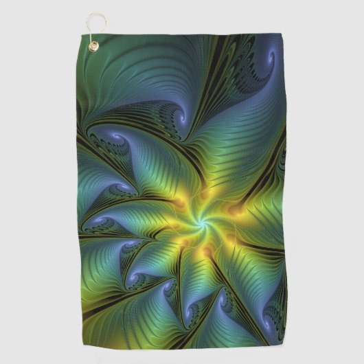 抽象芸術星、光沢のある青の緑の黄金のフラクタル・アート ゴルフタオル (正面)